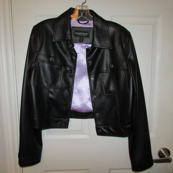 RAMPAGE Black Vegan Leather Jean Jacket - Sz Large - Picture 1 of 5